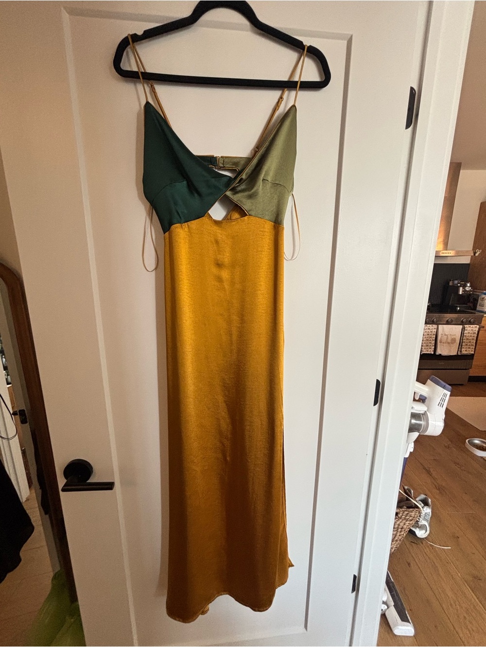 Jewel toned satin maxi dress with cutout & slit details